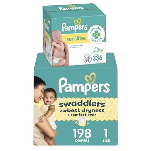 Pampers Swaddlers Disposable Baby Diapers Size 1, 198 Count with Sensitive Water Based Baby Wipes 4X Pop-Top Packs (336 Count)