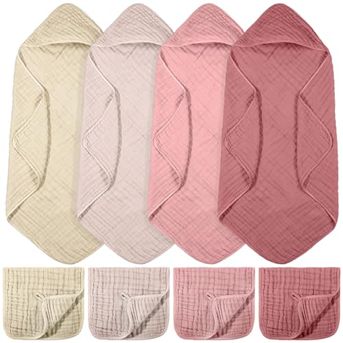 VitalCozy 8 Pcs Baby Muslin Hooded Bath Towels and Washcloths, 32 x 32 Inch Muslin Cotton Hooded Baby Towels Absorbent Blankets for Gift Newborn Infant Shower (Elegant Color)