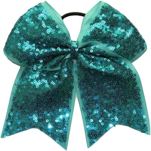 New "FANCY SEQUIN Ocean Teal" Cheer Bow Pony Tail 7 Inch Girls Hair Bows Cheerleading Dance Practice Football Games Competition School Uniform Birthday Grosgrain Ribbon
