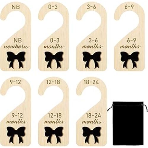 R HORSE Wooden Baby Closet Dividers - 8Pcs Double-Sided 3D Black Bow Baby Closet Organizer Newborn Clothes Size Hanger Dividers Nursery Decor Baby Shower Birthday Gift for Boy Girl (0-24 Months)