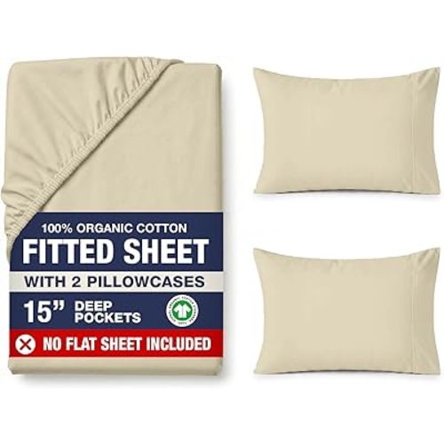 LANE LINEN Full Fitted Sheet Set (No Flat Sheet) - 100% Organic Cotton Soft & Breathable Percale Weave Fitted Sheet Set For Added Comfort - 15'' Deep Pocket For Snug Fit - GOTS Certified - Linen
