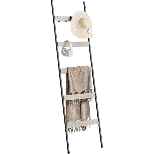 ELYKEN Blanket Ladder for Living Room, Farmhouse 5-Tier Quilt Holder with 4 Removable Hooks for Bathroom, Wood Towel Rack Display, Wall Anchor Leaning Decorative Stand for Home, White Oak