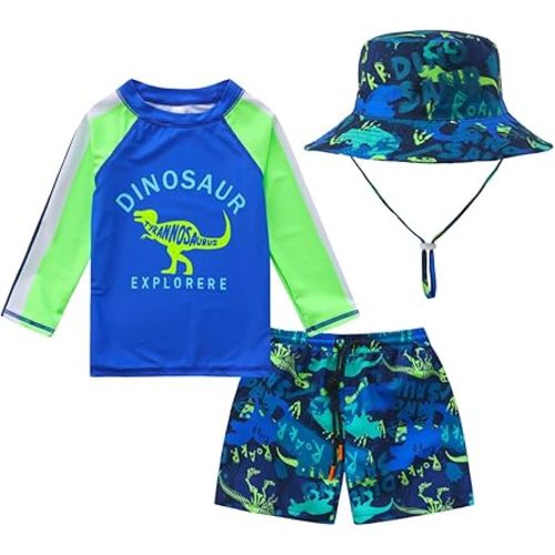 Baby-Boys Toddler Long Sleeved Rashguard Swim Bathing Suit and Sun Hat Set