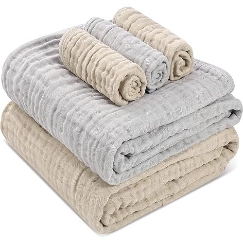 Muslin Baby Towels,2 Large Gauze Towels & 3 Washcloths, 6-Layer 100% Muslin Cotton for Sensitive Skin. Versatile as Towel & Blanket. Ideal for Baby Showers & New Moms (Beige Grey, 5 Pack)