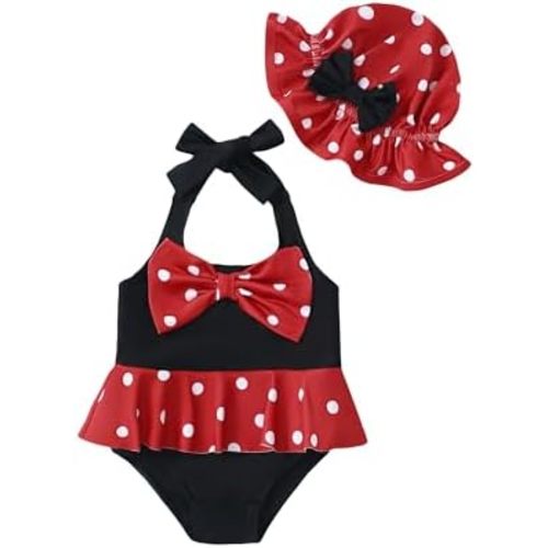 Kucnuzki Baby Girl Swimsuit Newborn One Piece Bathing Suit Bow Tie Bikini Tankini Infant Swimwear with Hat