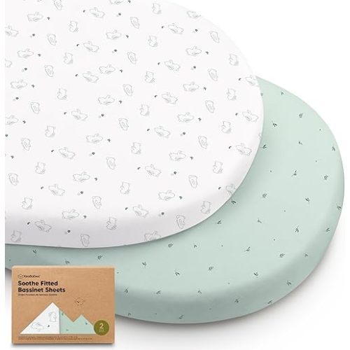 2-Pack Organic Bassinet Sheets for Girls, Boys - 100% Cotton Bassinet Mattress Sheets Compatible with Halo Bassinest Swivel Sleeper, Graco, Baby Delight, Chicco, Unisex Fitted Bassinet Sheets(Bunnies)