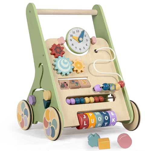 Wooden Baby Walker with Wheels, Push Walker for Baby Boy 6-12 Months, Baby Activity Center Sit to Stand Walker Small Size