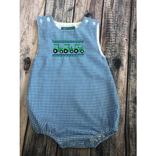 Baby Boy Blue Seersucker Bubble with Tractors