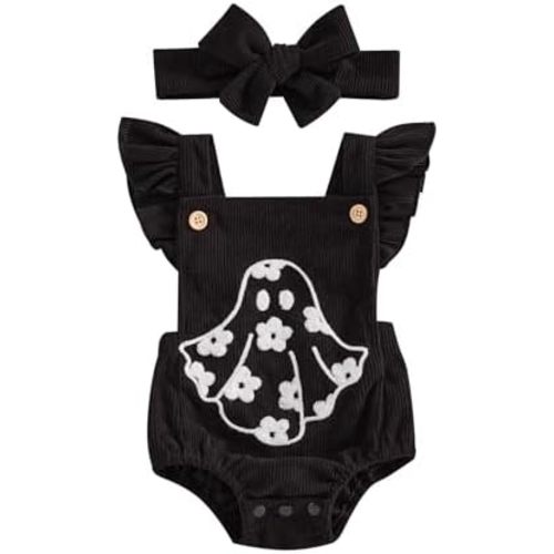 Muasaaluxi Newborn Baby Girl Halloween Outfit Ruffle Fly Sleeve Ghost Embroidery Romper Corduroy Bodysuit Headband 0-18M