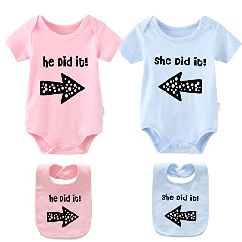 YSCULBUTOL Baby Twins Bodysuits He/She Did It Twin Outfit Girl Romper With Hat Set