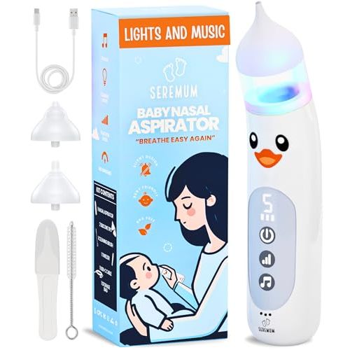 SEREMUM Nasal Aspirator for Baby Electric Nose Cleaner and Booger Sucker with LED Light and Music, Gentle Suction for Stuffy Nose, 5 Levels, USB-C Rechargeable, BPA-Free Silicone Tips, Easy to Clean