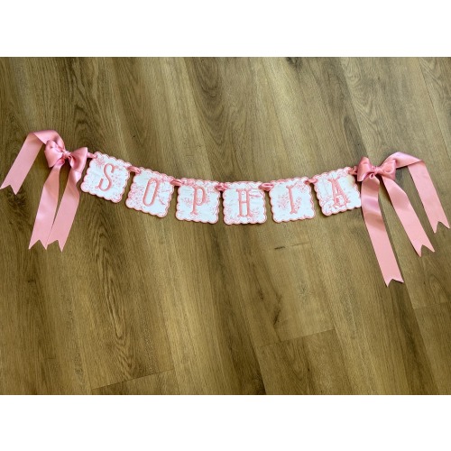 Custom Baby Name Banner - Pink Toile & Embroidered Letters for Baby Girl Nursery, Birthday, or Shower Decor