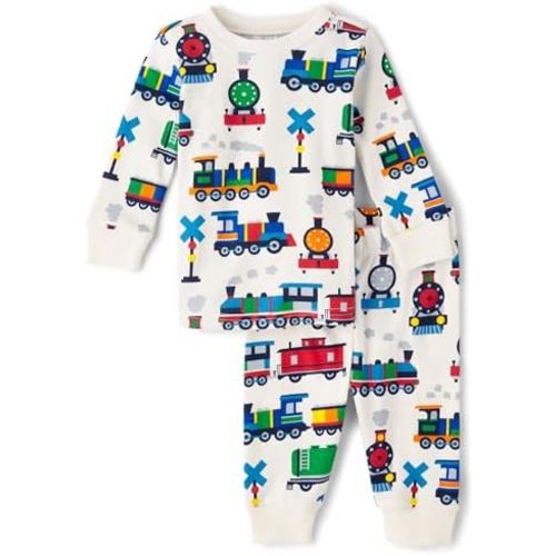 The Children's Place Baby Boys' Dino Heads Long Sleeve Top and Pants Snug Fit 100% Cotton 2 Piece Pajama Set