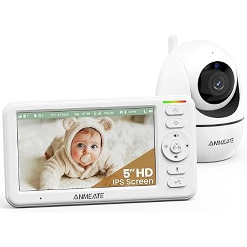 ANMEATE 5" HD Video Baby Monitor with Camera and Audio - No WiFi, 48H Battery Life,720P Remote Pan Tilt Zoom, Two-Way Talk, Night Vision, Thermal Room Monitor, Lullabies & White Noise, 1000ft Range