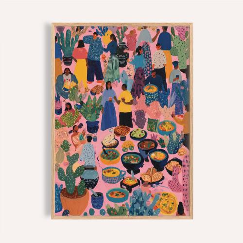 Mexican Folk Market Art Print: Colorful Fiesta Scene