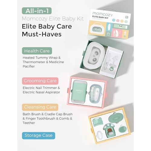Momcozy Elite Baby Kit, Superior Baby Shower & Registry Essential Kit for Grooming & Health & Cleansing Care, Electric Nail File & Nasal Aspirator,Tummy Wrap,Thermometer,Bath Brush,Teether,Storage Bag