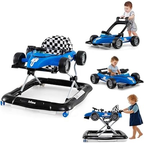 INFANS 4 in 1 Baby Walker, Foldable Toddler Activity Center with Adjustable Height, Padded Seat, Music, Light, Removable Tray, Push Walker for Girls Boys Aged 6-18 Months (Blue)