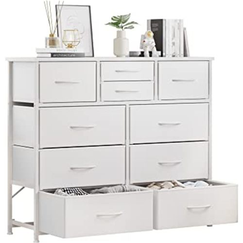 LUMTOK 10-Drawer Dresser, Fabric Storage Dressers Drawers for Bedroom, Hallway, Nursery, Closets, Steel Frame, Wood Top, Easy Pull Handle (White)