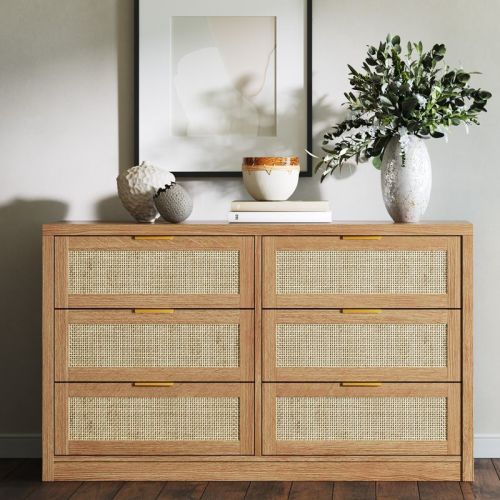 6 Drawer Dresser for Bedroom, Rattan Chest of Drawers with Gold Handle, 52.7"W Storage Dressers Organizer, Entryway Console Table