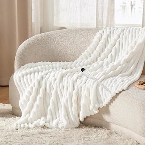 Bedsure Heated Blanket Electric Throw - Thick Striped Flannel Electric Blanket, Heating with 4 Time Settings, 6 Heat Settings, and 3-Hour Timer Auto Shut Off, Gift for Grandma (50x60 inches, White)