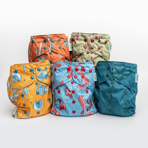 Kinder Cloth Diapers Set of 5 Reusable Baby Diapers Pocket Style Athletic Wicking Jersey, Newborn to Potty 7-60lbs, One Size, Inserts NOT Included (Western Wildlife)