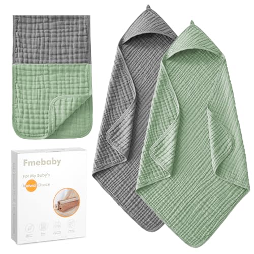 Fmebaby Hooded Baby Towels for Newborn, 2 Pack 36x36 Inch Muslin Cotton Baby Bath Towel and 12x12 Inch Washcloth Set with Hood for Babies, Toddler and Kids, Essentials Must Haves (Grey and Green)