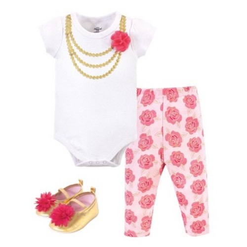 Little Treasure Baby Girl Cotton Bodysuit, Pant and Shoe 3pc Set, Dk. Pink Gold Rose, 0-3 Months