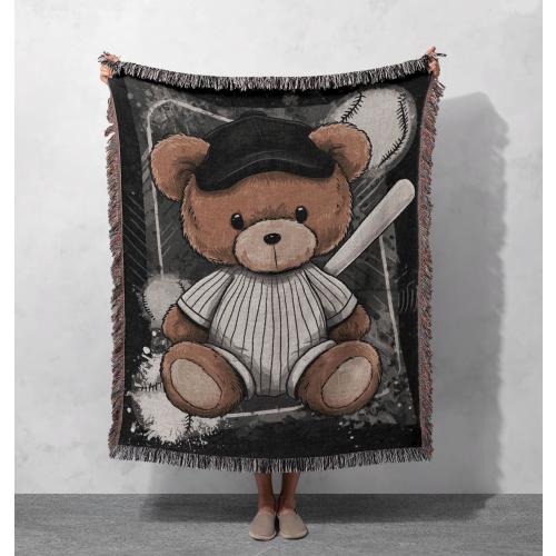 Teddy Bear Baseball Woven Blanket 100% Cotton, Baseball Player Throw Blanket, Gift For Son From Mom Woven Tapestry, Baby Shower Gift For Boy