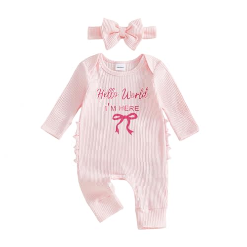 Honganda Newborn Baby Girl Coming Home Outfit Hello World I'm Here Jumpsuit Long Sleeve Ruffle Knit Romper with Headband