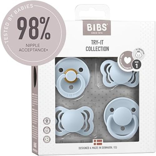 BIBS Try-It Collection | 4-Pack Soothers | BPA-Free Round, Anatomical & Symmetrical Nipple | Natural Rubber Latex/Silicone | Made in Denmark | 0-6 Months | Baby Blue