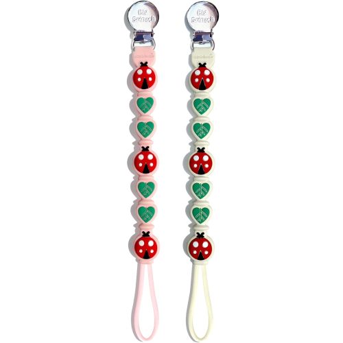 2 Pack Silicone Pacifier Clips – Food Grade One-Piece Strap with Cord & Stainless Clip – Teether Holder for Baby – Cute Ladybug & Leaf Design – BPA-Free(Beige+Pink)
