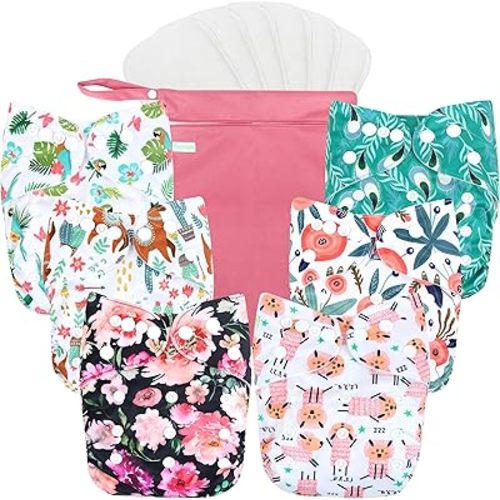 wegreeco Cloth Diapers 6 Pack with 6 Inserts & 1 Wet Bag, Washable Cloth Diapers for Babies, One Size Adjustable Reusable Diapers Baby (Flower)