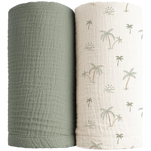 Konssy 2 Pack Muslin Swaddle Blankets, 100% Cotton Receiving Blanket Large 47 x 47 inches for Baby Boys Girls, Soft Breathable Muslin Baby Blanket for Newborn (Tree,Fog Green)