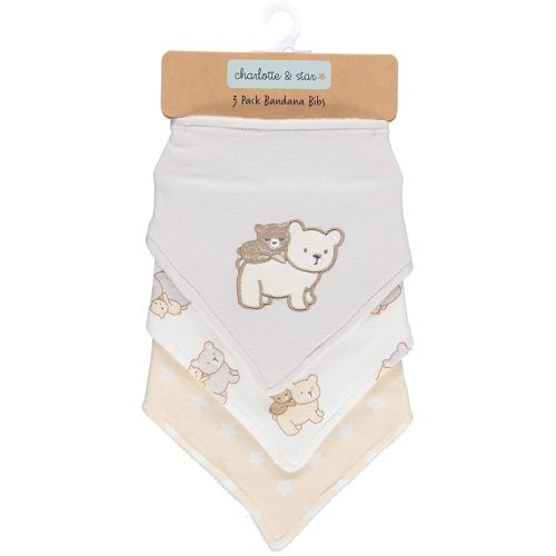 Cudlie Little Beginnings 3-Pack Bandana Set for Babies, Nursery Bibs for Drooling and Teething, Burp Cloth for Infants, Teddy - One Size