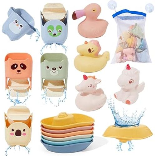 Baby Bath Toys for Kids Ages 1-3, 15 Pack Mold Free Toddler Bath Toys Bathtub Water Toys with Floating Boats & Bath Cups and No Holes Animal Floating Pool Toys for Babies 6-12 Months