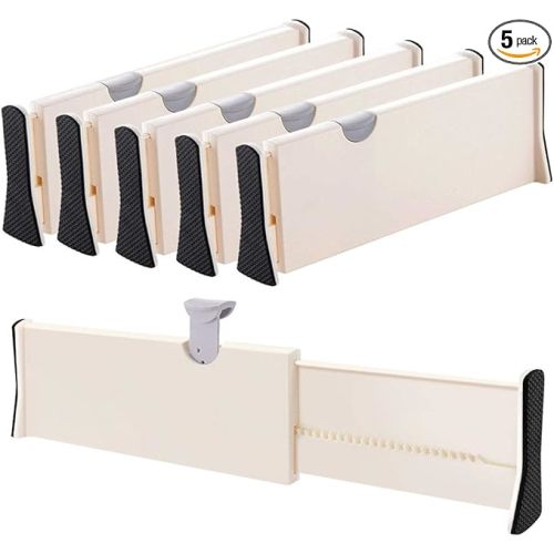 Drawer Dividers Organizer 5 Pack, Adjustable Separators 4" High Expandable from 11-17" for Bedroom, Bathroom, Closet,Clothing, Office, Kitchen Storage, Strong Secure Hold, Foam Ends, Locks in Place - Beige - 4" Tall, 11"-17" Long, 5 Pack