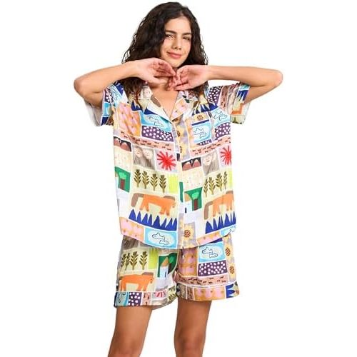Womens Silk Satin Shorts Pajamas Set Button Down 2 Piece Pjs Short Sleeve Oversized Sleepwear with Pockets