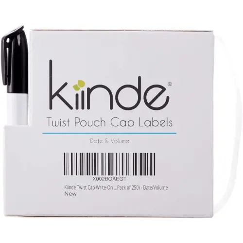 Kiinde Twist Cap Single-Use Write-On Labels for Breast Milk and Baby Food Storage Pouches (Pack of 250) - includes Label Dispenser with Marker and Marker Holder - Date/Volume
