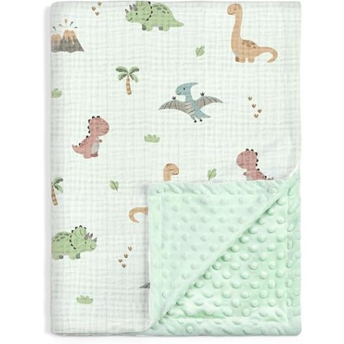 Dinosaure Minky Couverture pour bébé garçon, mousseline douce et dos polaire à pois, 76,2 x 101,6 cm, couverture de réception pour nouveau-né, nourrissons