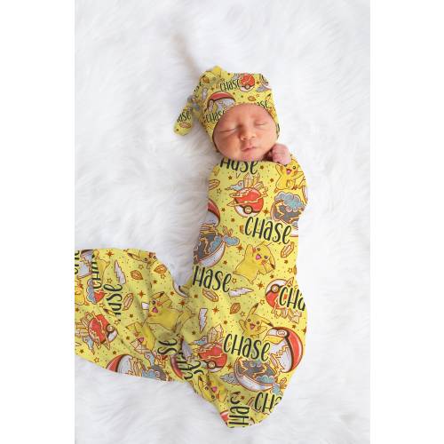 Personalized swaddle Pikachu Pokemon baby cosplay, hospital reveal outfit, baby shower gift, pokemon receiving blanket, gamer baby gift