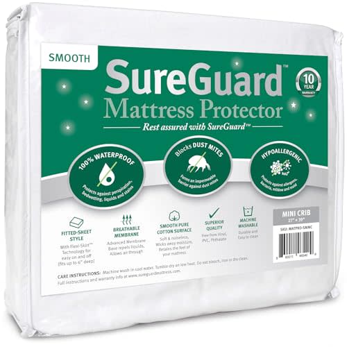 SureGuard Mini Crib Mattress Protector - 100% Waterproof, Hypoallergenic - Premium Fitted Cotton Cover for Portable Pack n Play - Smooth