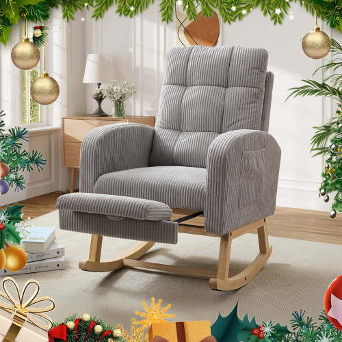 FFH Rocking Chair with Footrest, Rocking Chair for Nursey, Corduroy Armchair with High Backrest and Side Pockets, Accent Chair for Living Room, Bedroom, Gray