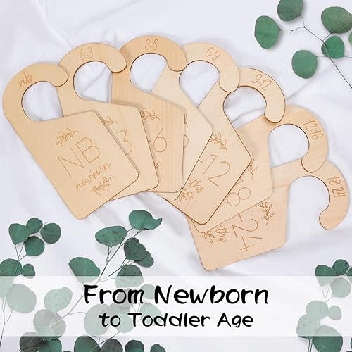 Baby Closet Dividers for Clothes Organizer - Set of 7 Adorable Wooden Double-Sided Baby Clothes Size Hanger Organizer from Newborn to 24 Months for Nursery Beautiful Decor