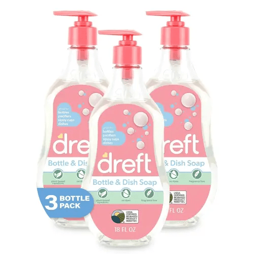 DREFT Bottle and Dish Soap | Made to Clean Baby Bottles, Sippy Cups, Pacifiers, Breast Pumps, & More | Gently Removes Milk Film & Odors | Plant Based, Fragrance Free Dish Soap | 18 Fl Oz (Pack of 3)