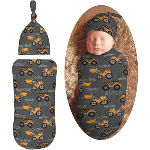 Kids Construction Machines Truck Tractor Newborn Swaddle Blanket with Beanie Set Soft Baby Sleep Sack Stretch Adjustable Swaddle Wraps Receiving Blankets