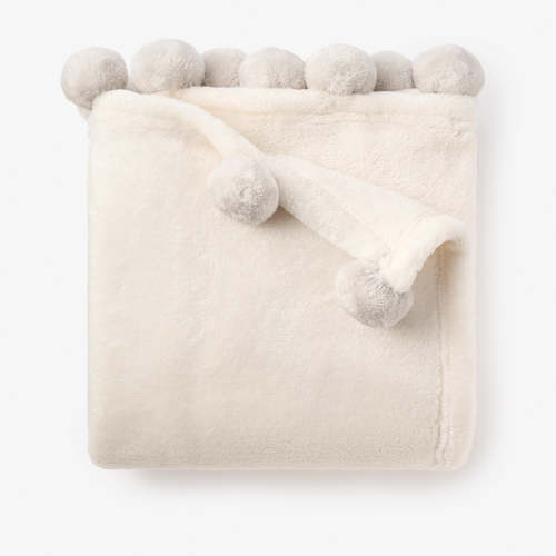 Pale Gray Pom Trim Fleece Baby Stroller Blanket – Elegant Baby