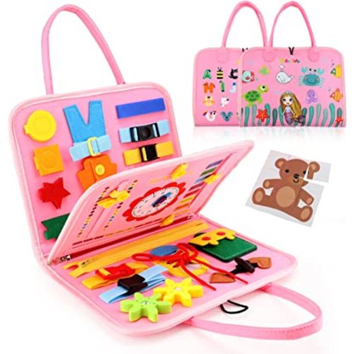 Guolely Busy Board Montessori Toy for 1 2 3 4 Year Old Toddlers - Educational Activity Developing Sensory Board for Basic Dress Fine Motor Skills - Travel Toys for Plane Car, Gift for Boys Girls