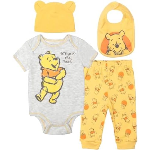 Disney Winnie the Pooh Baby Bodysuit Pants Bib and Hat 4 Piece Outfit Set Newborn to Infant