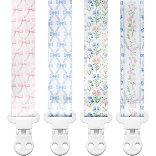 Baby Pacifier Clip Holder - Girl 4 Pack Gift Set – Vintage Floral Bows Ribbons Flowers French Blue Pink
