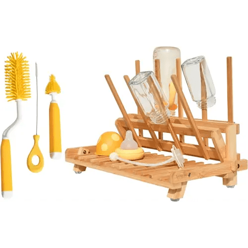 FORLIFEMARKET Space Saving Bamboo Drying Rack- Countertop Folding Baby Bottle Drying Rack, Bottle Brush Set, Dish, Cup Organizer- Use as a Travel Baby Bottle Cleaning Kit, Accessories- Kitchen